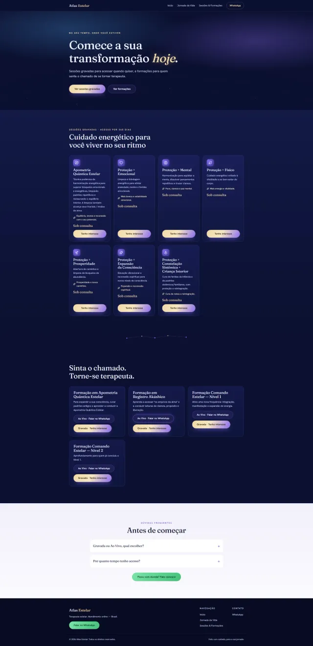 Screenshot da página Sessões & Formações do projeto Atlas Estelar