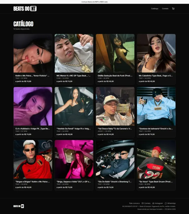 Screenshot da página Catálogo do projeto BEATS DO NT
