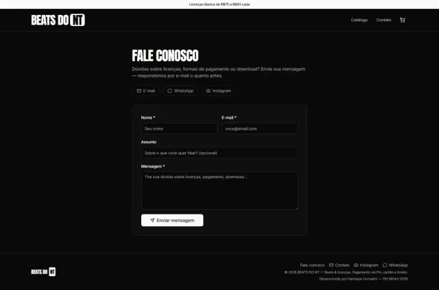 Screenshot da página Fale conosco do projeto BEATS DO NT