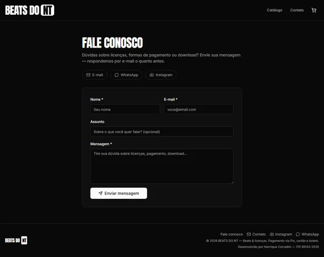 Screenshot da página Fale conosco do projeto BEATS DO NT