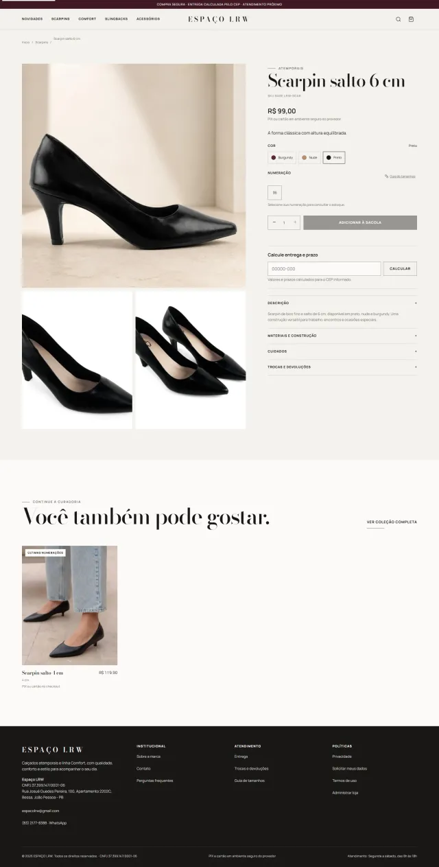 Screenshot da página Detalhe do produto do projeto Espaço LRW