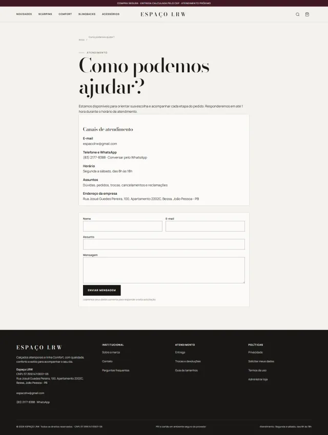 Screenshot da página Atendimento do projeto Espaço LRW