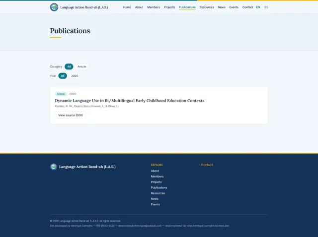 Screenshot da página Publications do projeto Language Action Band-ah (L.A.B.)